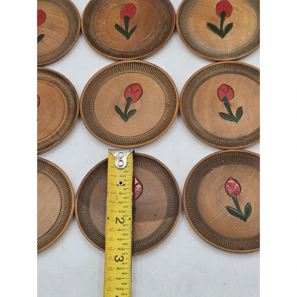 Vtg 12 Coaster Set with Holder Occupied Japan‎ Wood With Carved Flower Bud